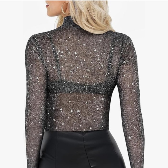 Mangopop Celestial Black Sheer Top Stars Whimsigoth Metallic Festival Rave Sm - Picture 3 of 11